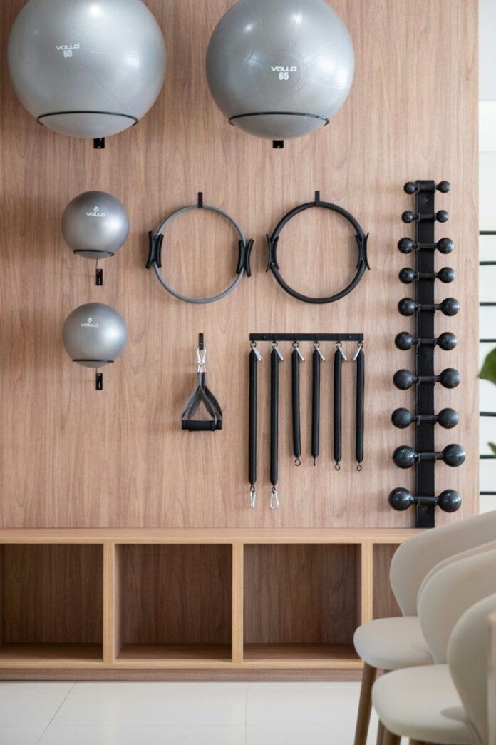 Gym equipment neatly organized on a wooden wall